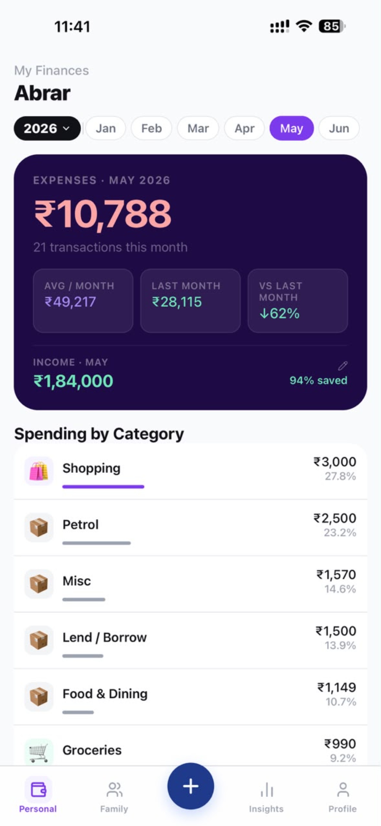 Family tab — shared expenses, pro-rata split