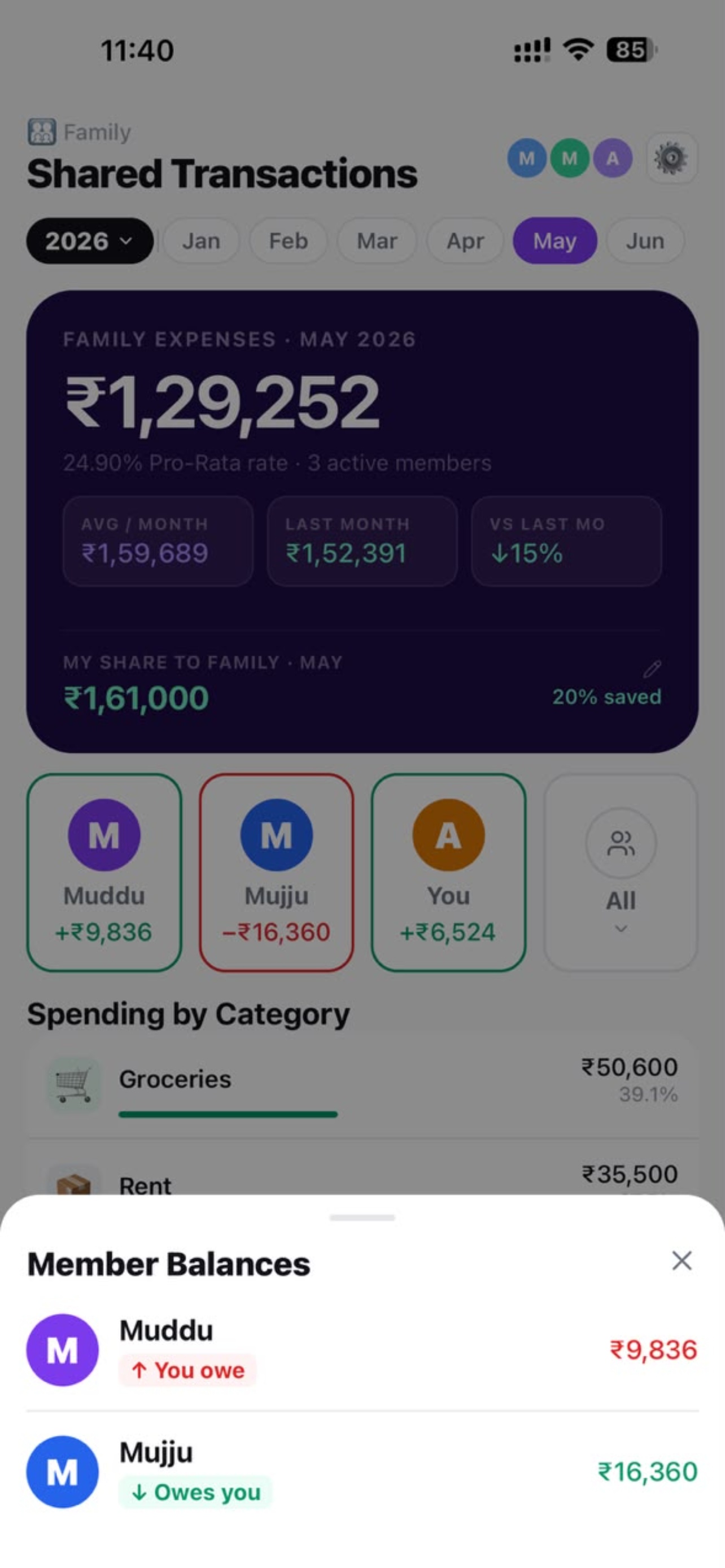 Family tab — member balance cards